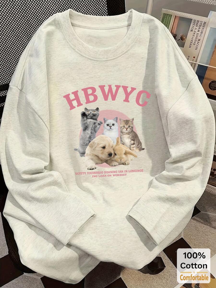 Autumn/Winter New Cartoon Print Long Sleeve T-Shirt Women Funny Print Stylish Grey Top - Gray - View 1