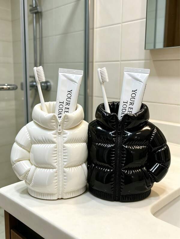 Creative Down Jacket Shaped Desktop Organizer, Desktop Stationery Storage Bucket, Large Capacity For Pencils, Neutral Pens, Rulers; Student Desk Dedicated Storage Decor, Also As Makeup Brush Holder, Storage For Eyebrow Pencils, Eyeshadow Brushes, Lipsticks; Minimalist Black And White Style, Home Office Desktop Decoration, Back To School Gift, Holiday Gift Item, Thickened Durable And Not Easily Deformed, Desk And Vanity Dual-Use Multi-Functional Storage Container, Halloween, Back To School Season, Christmas Essential