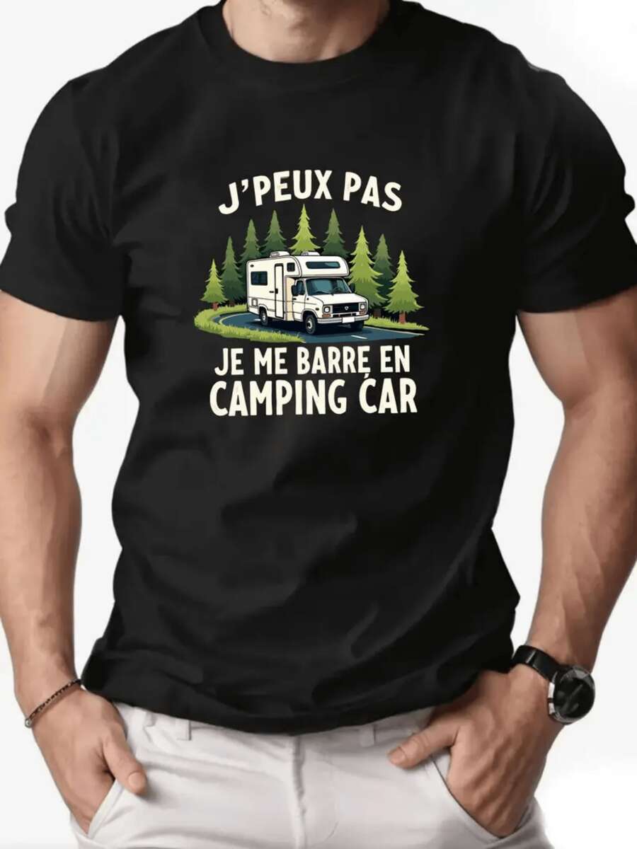 Autocaravana en bosque representa aventura escapada libertad absoluta rutas viaje exploración felicidad viajera camiseta de hombre para viajar cómodo - Negro - Ver 1