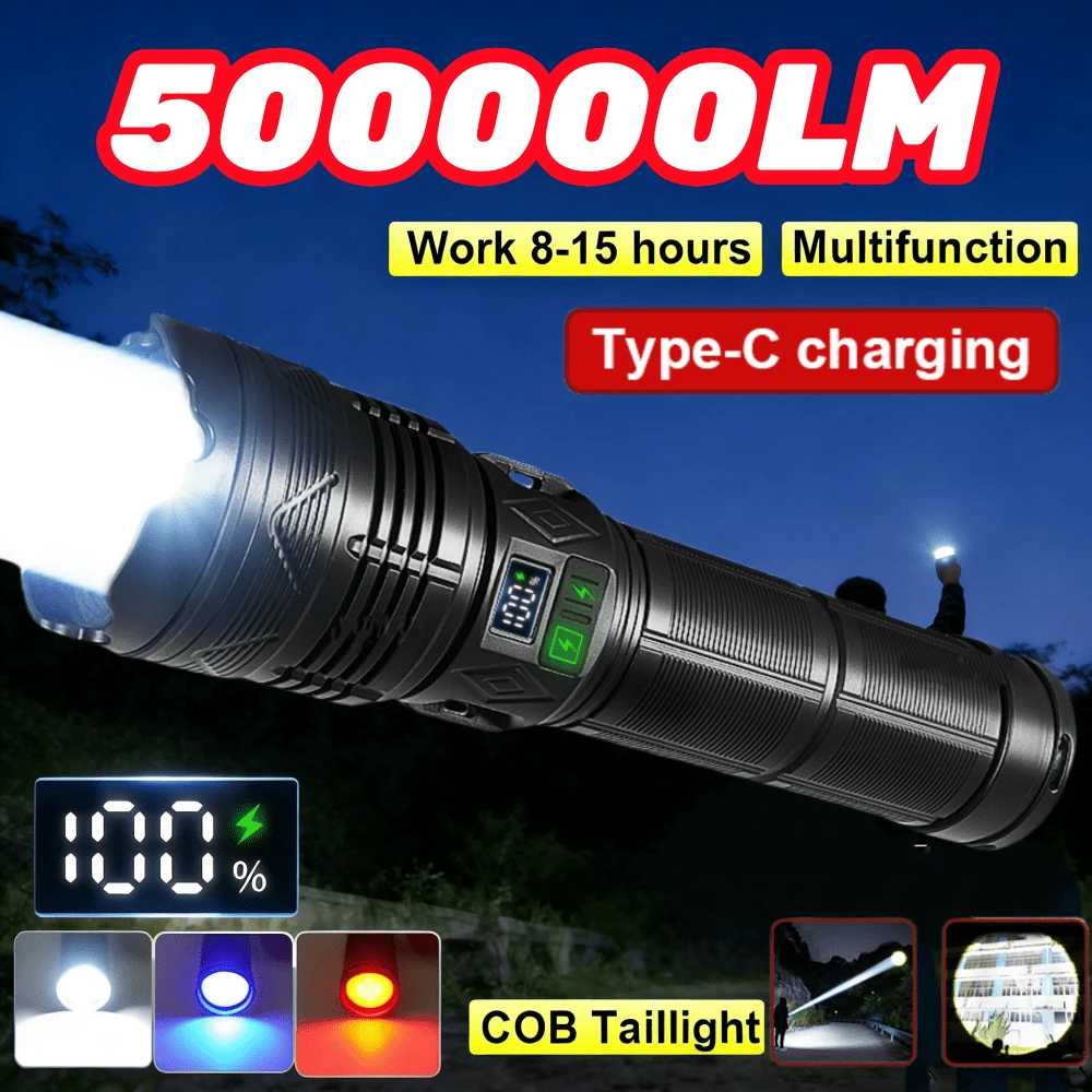 1pc Multi-Function Flashlight, 4-Mode Main Light 5-Mode Tail Light, Digital Battery Display, Type-C Charging, Can Be Used As Power Bank, Built-In Rechargeable Battery, Suitable For Hunting Cycling Camping Climbing Fishing Outdoor Emergency, ABS Material Telescopic Zoom Flashlight