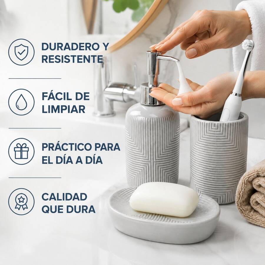 Dreiteiliges Badezimmer-Set aus weißer Keramik mit geometrischer Struktur. Bestehend aus Seifenspender, Zahnbürstenhalter und wasserfester Seifenschale. Leicht zu reinigen und im modernen, minimalistischen Design. Ideal für die Organisation Ihres Waschbeckens, als stilvolles Badezimmeraccessoire und als tolles Einzugsgeschenk. - Weiss - Übersicht 1