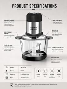 SOKANY 800W 2L Electric Meat Grinder, Food Chopper And Food Processor With Stainless Steel Blades, Transparent Bowl, Easy To Clean Detachable Parts, Non-Slip Base, Suitable For Meat And Vegetables For Home Kitchen - Black - View 3