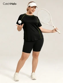 Plus Size Women's Loose Short Sleeve Fitness T-Shirt, Contrast Trim Raglan Sleeve, Curved Hem Yoga Sports Top, Summer - Green - View 8