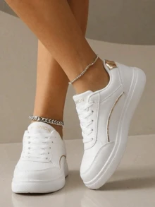 Women's Fashionable Versatile Outdoor White Lightweight Lace-Up Round-Toe Flat-Heel Anti-Slip Comfortable Casual Shoes Sneakers Running Shoes, Sizes 36-43 - 白金 - 查看 3