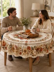 1pc Country Style Cream Base Autumn Floral Sunflower Maple Leaf Wreath Round Tablecloth, Stain-Resistant, Suitable For Cozy Indoor Thanksgiving Dinner, Warm Farmhouse Kitchen Decor, Autumn Leaf Gathering And Rustic Home Style - Multicolor - View 15