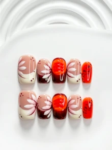 10片裝休閒風手工穿戴甲，Polygel美甲套組，手繪花卉裝飾，黃色、橘紅色與粉色指甲油，獨特風格，附美甲工具，3種尺寸可選，方形、短方形、杏仁形，適合派對、跳舞、日常配戴 - 彩色 - 查看 13