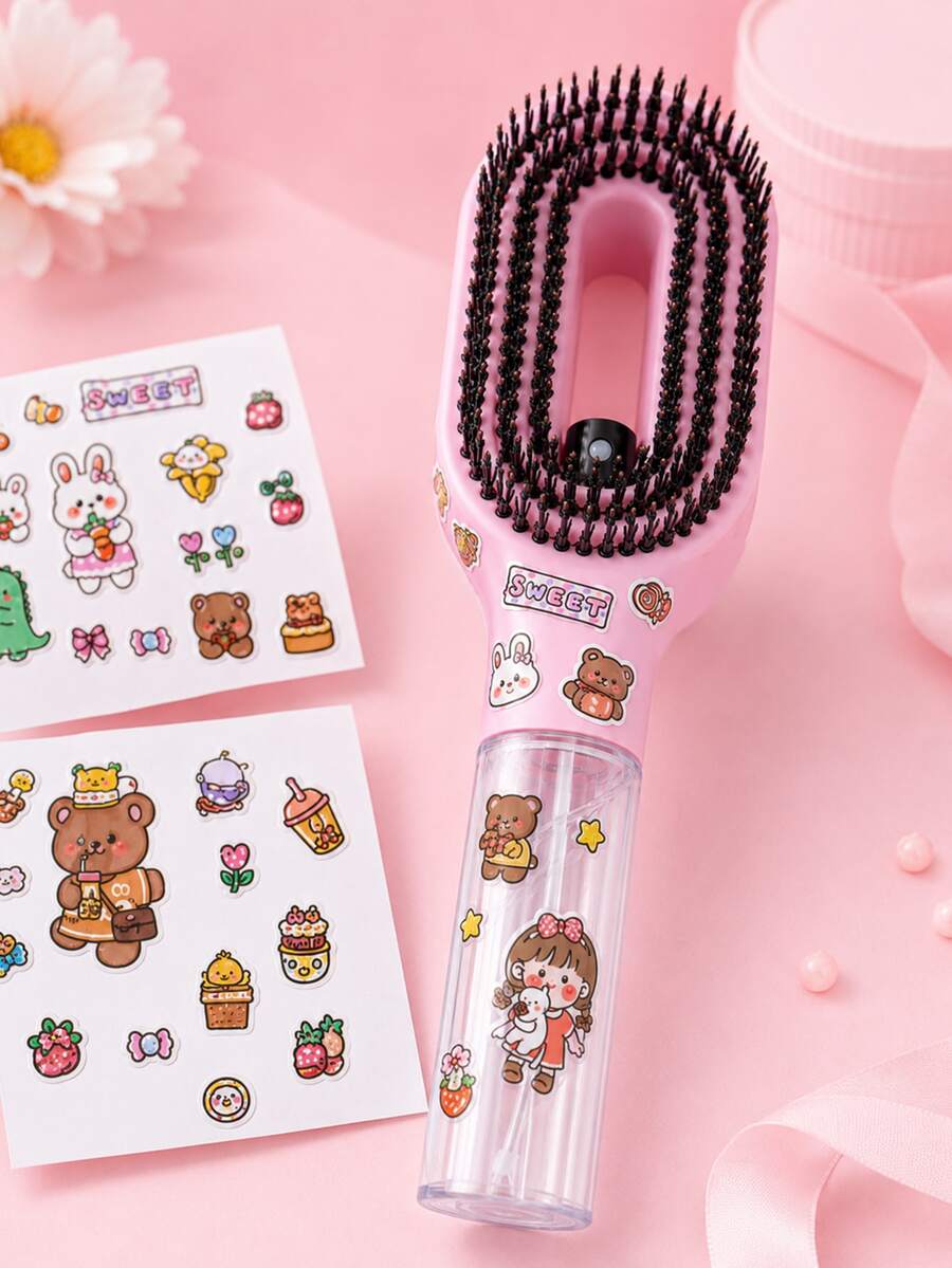 2-In-1 Spray Hairbrush With 6 DIY Stickers, Refillable Spray Brush For Wet And Dry Hair Detangling, Anti-Static Styling Tool, Personalized Hairbrush Gift