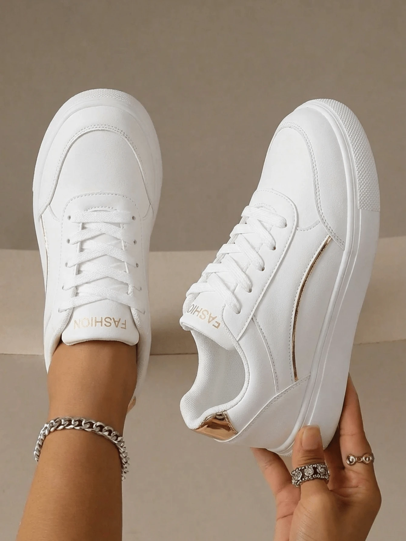 Women's Fashionable Versatile Outdoor White Lightweight Lace-Up Round-Toe Flat-Heel Anti-Slip Comfortable Casual Shoes Sneakers Running Shoes, Sizes 36-43 - 白金 - 查看 1