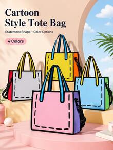卡通風格拼色托特包，大容量休閒肩背包，附頂部手柄與可拆卸式肩帶，適合購物、旅行、日常使用、返校與派對，臥室裝飾 - 彩色 - 查看 2
