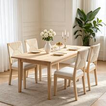 French Country Dining Chairs Set Of 2, Beige Farmhouse Woven Back Kitchen Chairs, Boho Linen Upholstered Solid Wood Accent Chairs, Dining Room Furniture - Beige - View 7