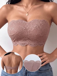 3pcs/Set Wavy Edge Floral Lace Bandeau Bra, Non-Wired Non-Padded Bandeau Bra, Anti-Slip Bandeau Bra, Suitable For Daily Layering - Multicolor - View 4