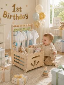 Wooden Baby Nursery Gift Basket With Hanging Rod, Baby Shower Gift Display Storage Rack, Newborn Essentials Storage Cart, Suitable For Baby Room Decor - Storage Cart - View 3