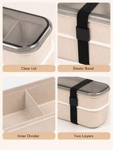 Double-Layer Wheat Straw Divided Bento Box With Elastic Band, Transparent Lid, Large Capacity, Microwave , Suitable For Office Commute, Students, Picnic And Spring Outings - Multicolor - View 3