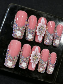 nailrosy 10片粉色手工多巴胺感壓式假指甲，3D Y2K方頭長尖款，可重複使用，水鑽亮面彩色法式邊緣 - 粉色 - 查看 11