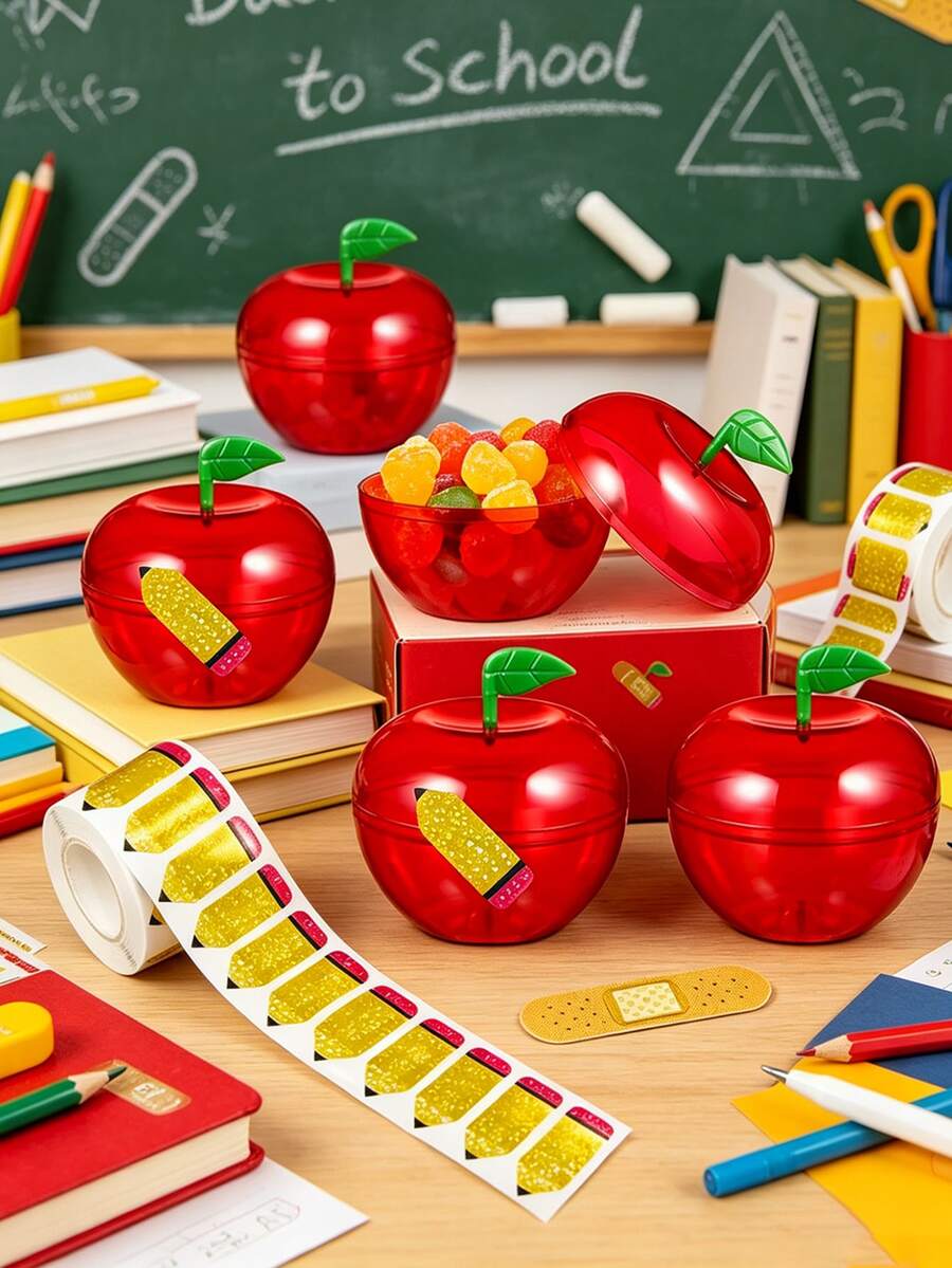 1/10/20pcs Apple-Shaped Candy Box And Pencil Sticker Set - Mini Candy Boxes With Lids, Red Apple-Shaped Candy/Toy Storage Containers, Suitable For Teacher Appreciation Day, Back To School, Party Favors, Birthday And Christmas Gifts, Exquisite Plastic Apple-Shaped Containers - Multicolor - View 1