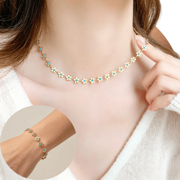 1 Set Stainless Steel Chain Flower Design Women's Fashion Necklace And Bracelet Jewelry Set, Gift Accessory
