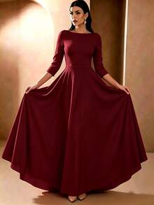 Solid Color Zipper Pleated Summer Minimalist Design Elegant Wedding Dress - Burgundy - View 3
