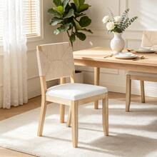 French Country Dining Chairs Set Of 2, Beige Farmhouse Woven Back Kitchen Chairs, Boho Linen Upholstered Solid Wood Accent Chairs, Dining Room Furniture - Beige - View 1