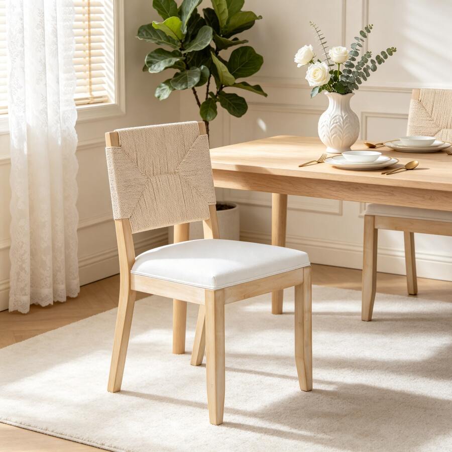 French Country Dining Chairs Set Of 2, Beige Farmhouse Woven Back Kitchen Chairs, Boho Linen Upholstered Solid Wood Accent Chairs, Dining Room Furniture - Beige - View 1