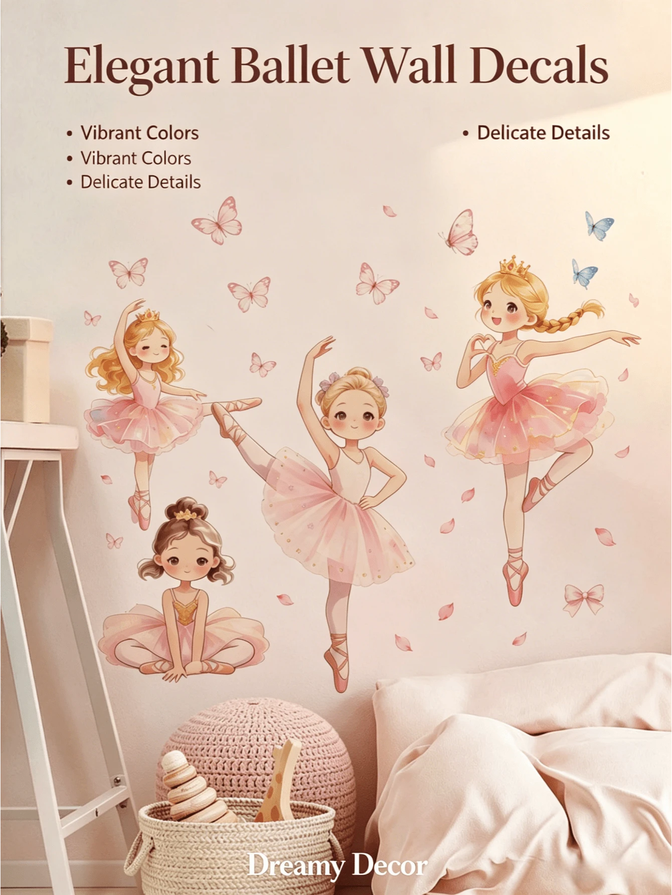 1pc Ins Gentle Dreamy Ballet Princess Wall Sticker, Butterfly Crown Watercolor Girl Design, Removable Self-Adhesive Wall Decal For Girls Bedroom - Wall Stickers - View 1