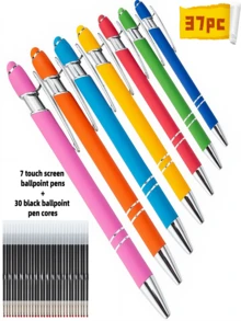 37pcs Set/ (7 Pens + 30 Refills) Rainbow Color Click Ballpoint Pens, With Touchscreen Rubber Tip, Dual Function Writing And Touchscreen, Convenient To Use, Suitable For Various Occasions - 37pcs Set - View 12