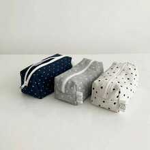 1pc Korean Style Polka Dot Star Canvas Pencil Case, Large Capacity Zipper Pencil Pouch, Portable Minimalist Stationery Storage Bag, Suitable For School, Travel, Cosmetics Use,Back To School - Pencil Case - View 1