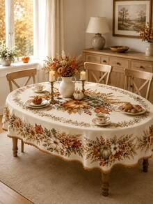 1pc Country Style Cream Base Autumn Floral Sunflower Maple Leaf Wreath Round Tablecloth, Stain-Resistant, Suitable For Cozy Indoor Thanksgiving Dinner, Warm Farmhouse Kitchen Decor, Autumn Leaf Gathering And Rustic Home Style - Multicolor - View 14