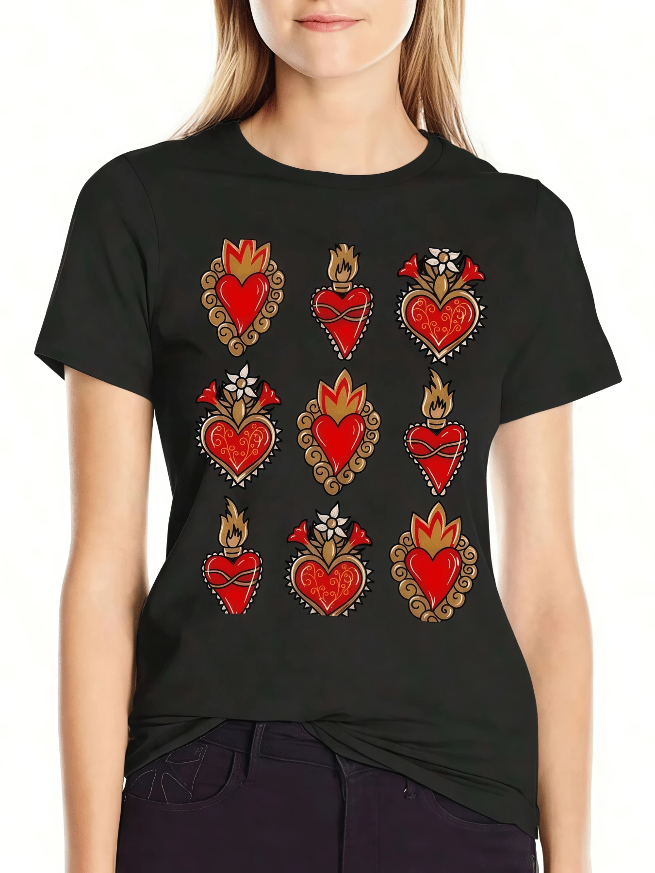 Corazones ardientes representando pasión y fuerza espiritual camiseta de mujer moderna ajustada cómoda para uso diario - Negro - Ver 1