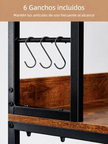  Estantería de Cocina de 6 Niveles, Estantería para Microondas con 6 Ganchos, Organizador de Panadería con Marco de Acero Industrial, 80 x 40 x 173 cm, Marrón Rústico - Marrón - Ver 5