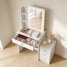 Split Dressing Table With Square Bright Mirror, White Dressing Table With Removable Drawers (Nightstand), Storage Rack, Bedroom Storage Rack, Space-Saving Dressing Table, Suitable For Small Space, Suitable For Holiday Gifts For Girls, Moving Gifts - White - View 6