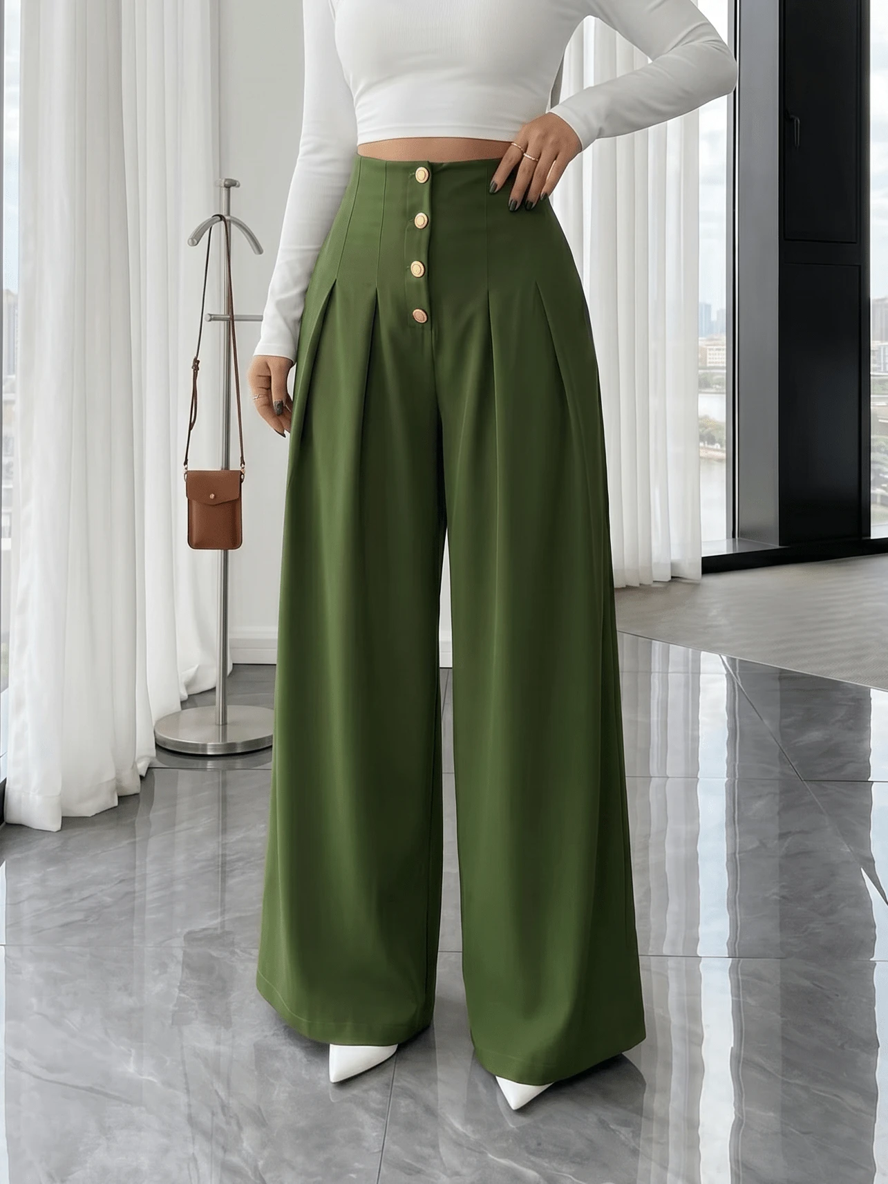 Women's Loose-Fitting Wide-Leg Pants, Solid Color, With Front Buttons And Pleats, Sizes S, M, L - Army Green - View 1