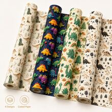 1 捲 16.9英吋 X 196.85英吋/393.75英吋 塗層紙包裝紙，卡通恐龍彩虹植物印花禮品包裝捲，海軍藍米色綠色橘色多色派對風格，適用生日感恩節聖誕節節日派對 - 恐龍 - 查看 2