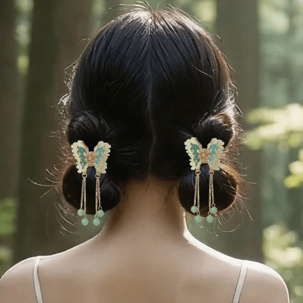 2Pcs  Jade Butterfly Mini Hair Claw Vintage Elegant Bangs Side Clip Chinese Style Sweet Pair Small Grips Daily Versatile Updo Hair Accessory