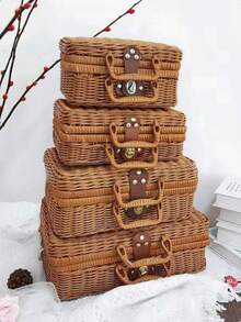 1 pieza Caja de almacenamiento de cosméticos tejida, Caja de regalo de boda, Caja de regalo para damas de honor, Cesta de almacenamiento de ratán - Marrón - Ver 1