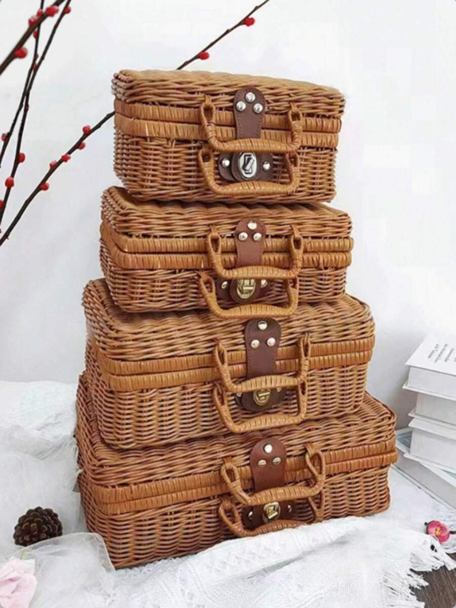 1 pieza Caja de almacenamiento de cosméticos tejida, Caja de regalo de boda, Caja de regalo para damas de honor, Cesta de almacenamiento de ratán - Marrón - Ver 1