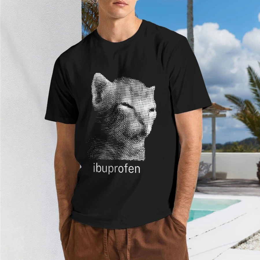 I Have A Headache. Ibuprofen. Washed Cat Print T-Shirts. Hip Hop Streetwear T-Shirts. Men's And Women's Short Sleeve Harajuku Summer Print T-Shirt. Unisex Top. Washed Black Vintage Streetwear Loose T-Shirt. - 黑色 - 查看 1