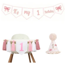Conjunto de Bandera de Corona con Lazo para Silla Alta del 1er Cumpleaños, Decoraciones para Niña del 1er Cumpleaños, Bandera de Lazo Rosa, Accesorios para Fotos de Pastel Dulce, Fiesta de Princesa Pequeña con Lazo de Cinta Rosa - Rosa - Ver 7