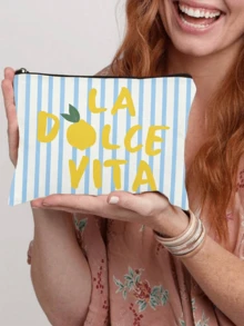 Blau-weiß gestreifte Zitronen-Kosmetiktasche/Italienischer Vibe/Frischer Party-Hot-Style/La Dolce Vita Vintage Aufbewahrungstasche/Touch-Up wie im Urlaub - Verschiedenfarbig - Übersicht 9