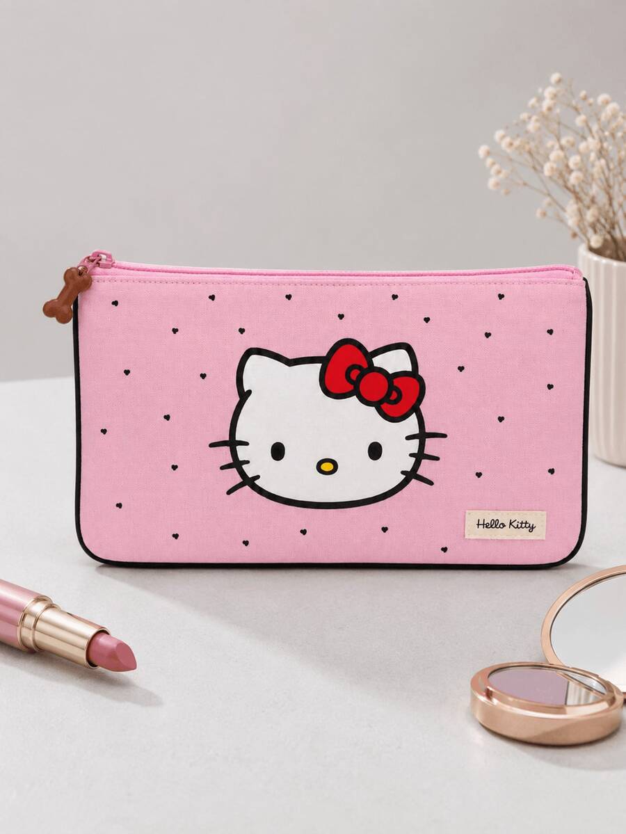 MINISO Sanrio Hello Kitty 粉色化妝包,可愛波點拉鍊化妝收納袋,適合旅行盥洗用品、保養品及日常必需品收納 - 彩色 - 查看 1