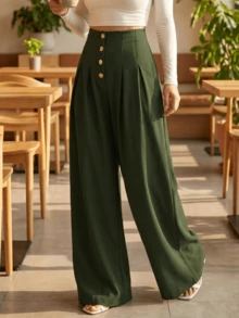 Women's Loose-Fitting Wide-Leg Pants, Solid Color, With Front Buttons And Pleats, Sizes S, M, L - Army Green - View 4