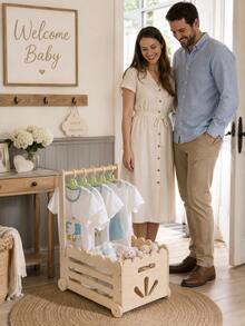 Wooden Baby Nursery Gift Basket With Hanging Rod, Baby Shower Gift Display Storage Rack, Newborn Essentials Storage Cart, Suitable For Baby Room Decor - Storage Cart - View 4