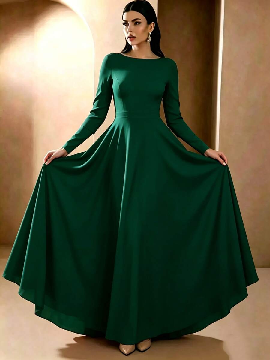 Solid Color Zipper Pleated Summer Minimalist Design Elegant Wedding Dress - Dark Green - View 1