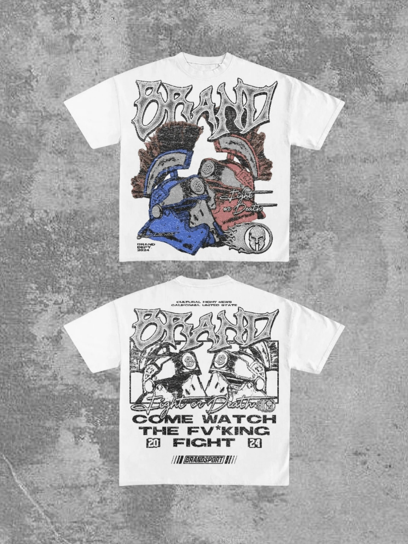 Dos guerreros con cascos antiguos que simbolizan fuerza y lucha entre la vida y la muerte camiseta de hombre estampado doble moderno - Blanco - Ver 1