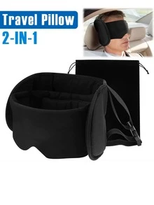 2-In-1 Travel Pillow Comfortable Neck & Head Pillow With Eye Mask And Storage Bag 360° Support Airplane Travel Pillow, Travel Essentials - Black - View 1