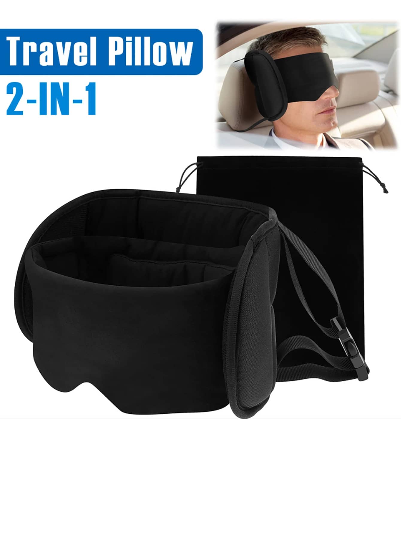 2-In-1 Travel Pillow Comfortable Neck & Head Pillow With Eye Mask And Storage Bag 360° Support Airplane Travel Pillow, Travel Essentials - Black - View 1