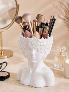 French Style Glossy White Floral Relief Bust Resin Storage Box, Multi-Functional Makeup Brush Holder, Pen Holder And Dried Flower Vase, Vanity Decor, Artistic Birthday Gift For Her - Face Storage - View 10