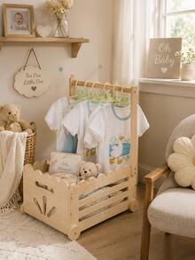 Wooden Baby Nursery Gift Basket With Hanging Rod, Baby Shower Gift Display Storage Rack, Newborn Essentials Storage Cart, Suitable For Baby Room Decor - Storage Cart - View 7