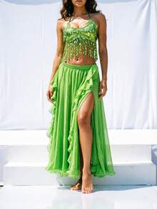 Atasan Crop Top Halter Berhiaskan Payet dan Rumbai untuk Tari Perut, Rok Maxi Chiffon Berpotongan Tinggi dengan Hiasan Perak untuk Pertunjukan Panggung & Karnaval - MultiWarna - View 14