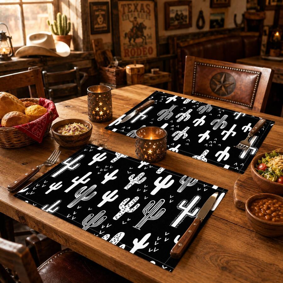 1pc/4pcs/6pcs, Home Decor, Cactus Pattern Printed Linen Placemats, All Season, Suitable For Dining Table, Washable Placemats, Coasters, Kitchen Placemats, Home Goods, Kitchen Supplies, Dining Table Decor - Multicolor - View 1