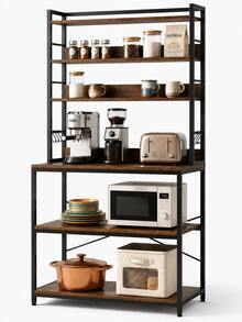 Estantería de Cocina de 6 Niveles, Estantería para Microondas con 6 Ganchos, Organizador de Panadería con Marco de Acero Industrial, 80 x 40 x 173 cm, Marrón Rústico - Marrón - Ver 1